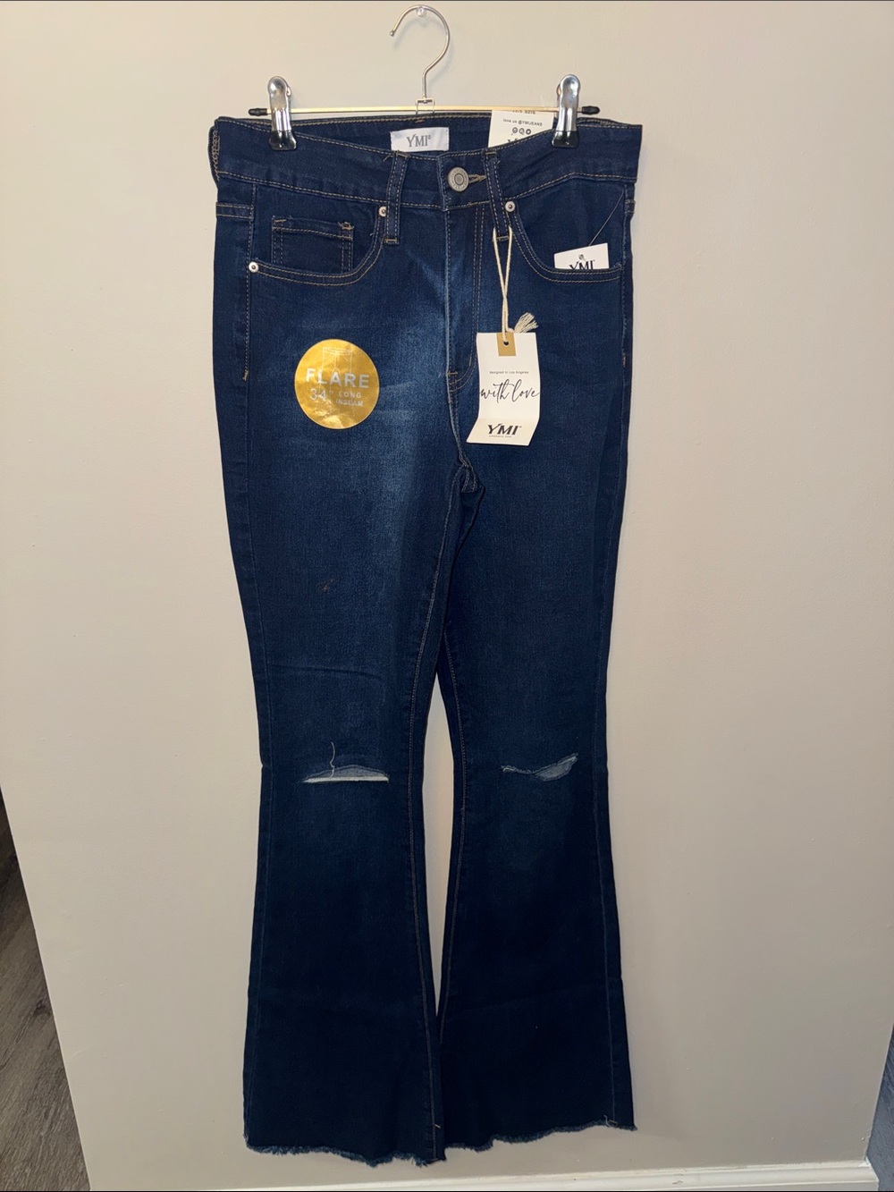 YMI Dark Blue Flare Jeans with Subtle Knee Distress